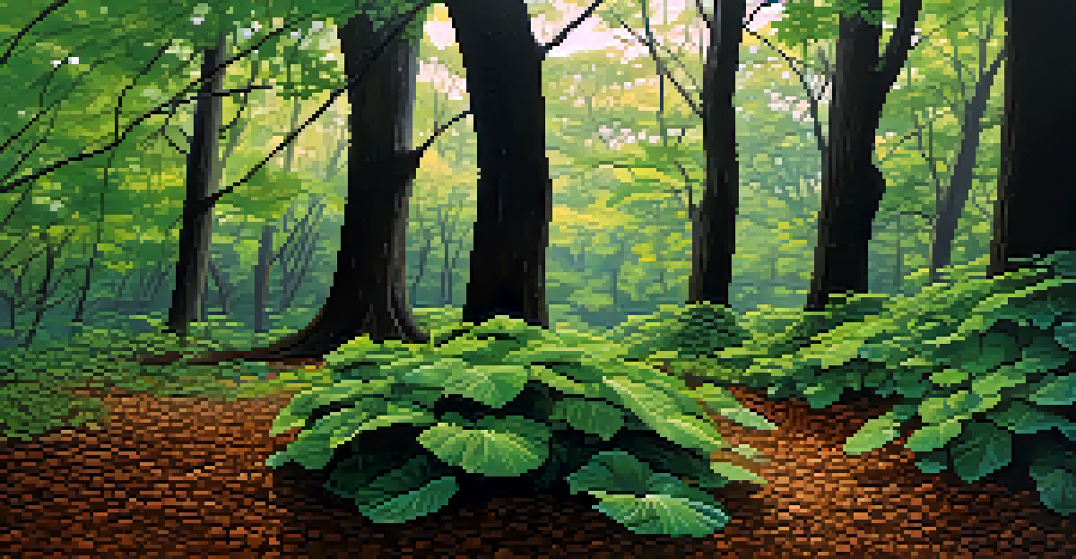 Close-up of a tree canopy during rain, showcasing raindrops on leaves and healthy soil beneath.