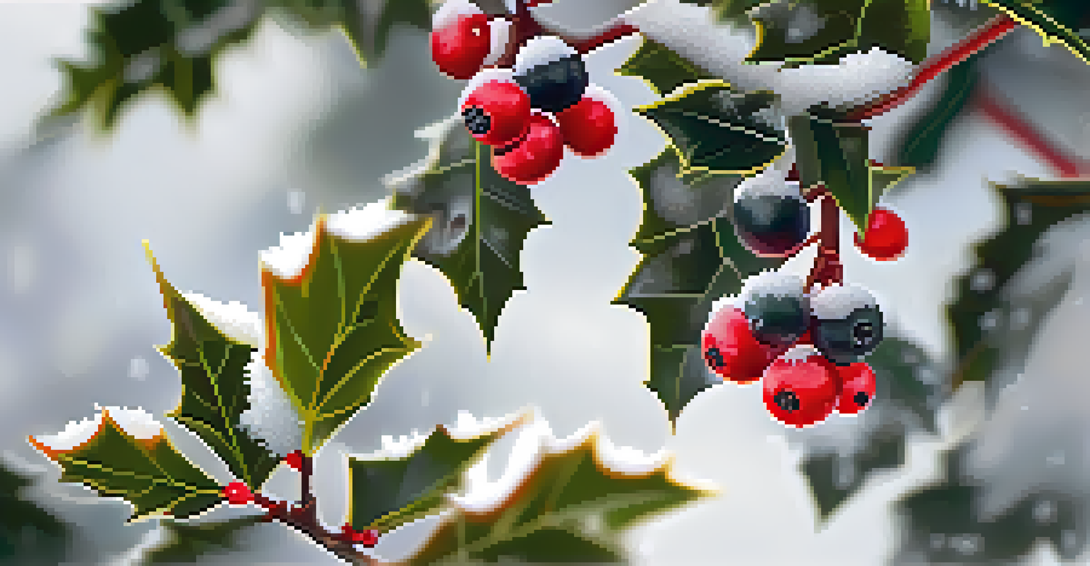 Close-up of a holly plant with green leaves and red berries, with a snowy background and sunlight filtering through.