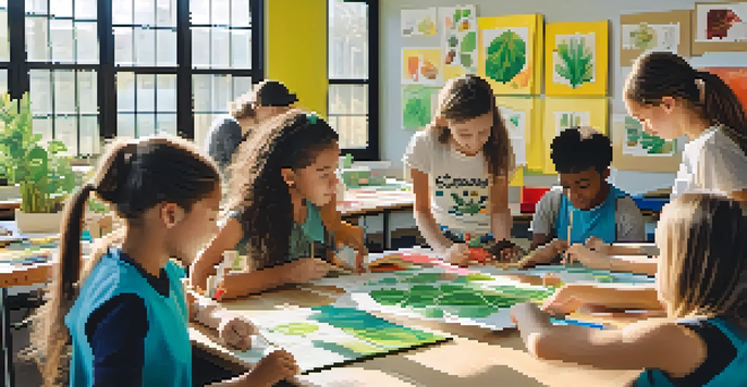 Students in a classroom working together to create models of plant life cycles with colorful materials.