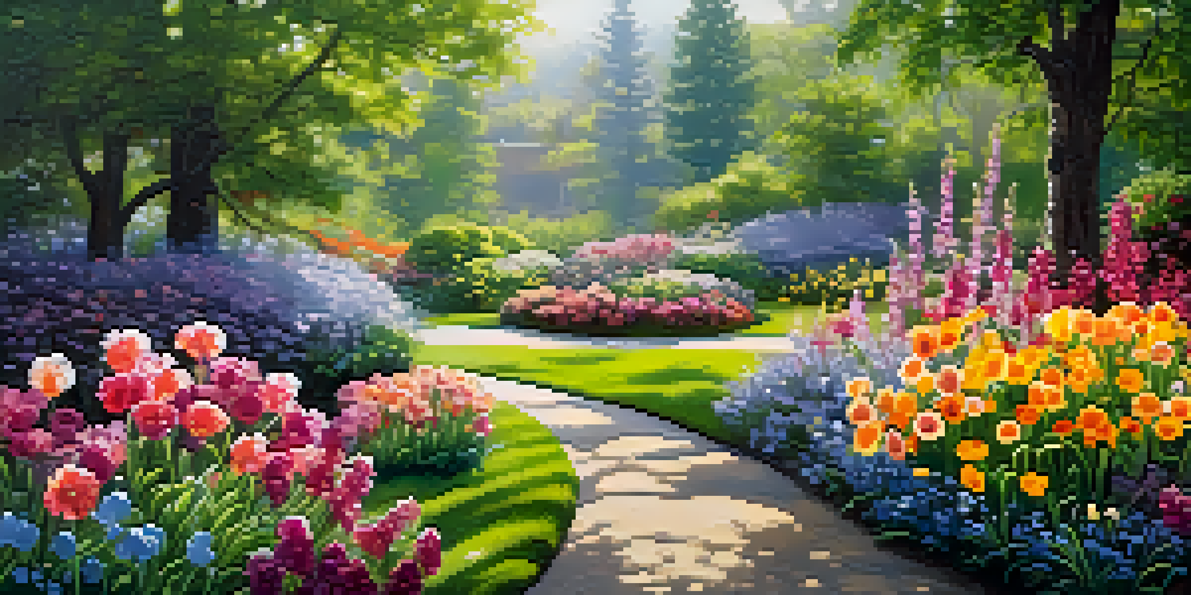 A close-up view of a spring garden with colorful flowers and glistening dew drops in soft morning light.