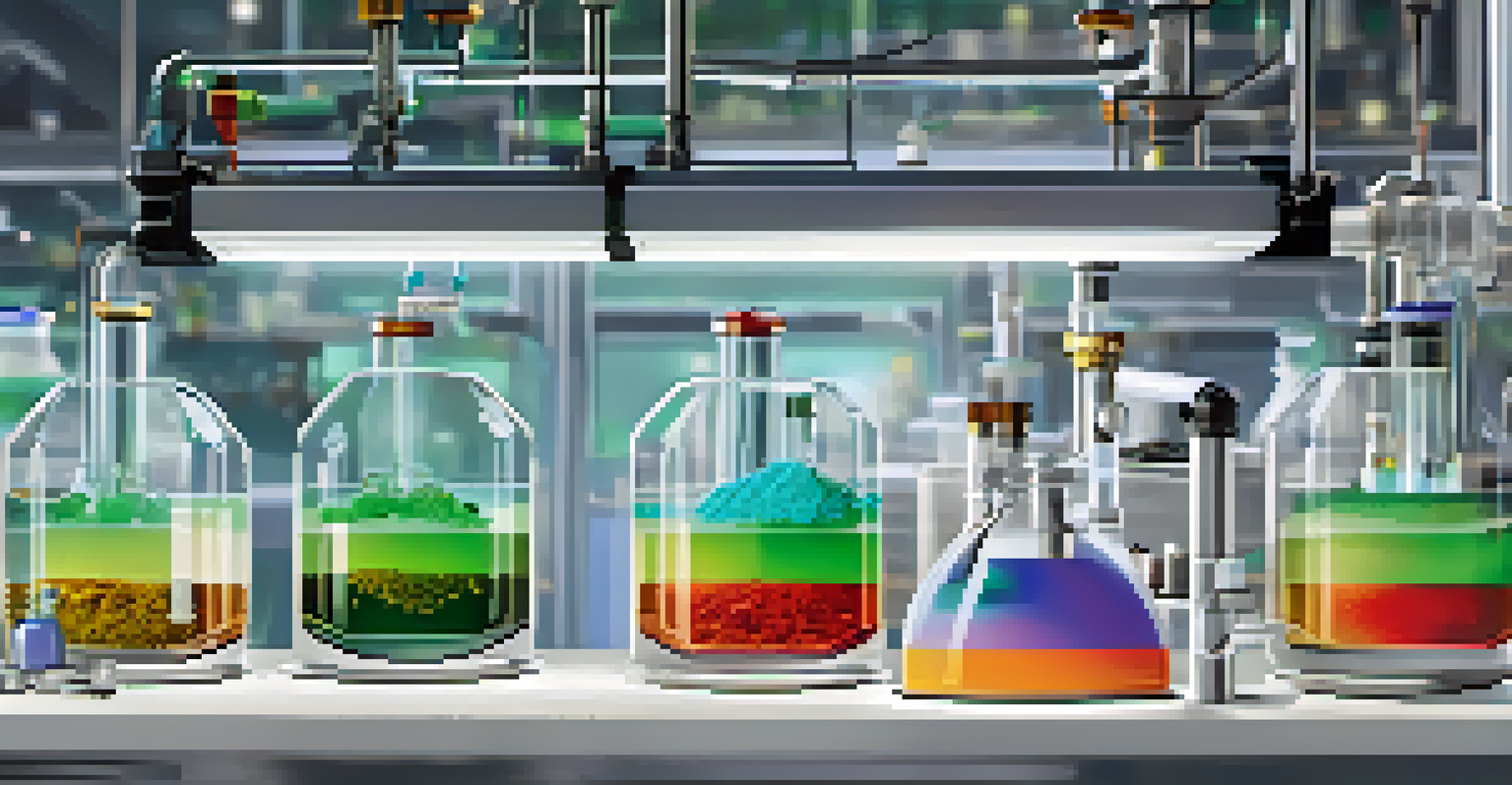 Close-up of a microbial fuel cell in a lab, with colorful liquids and plant waste materials.