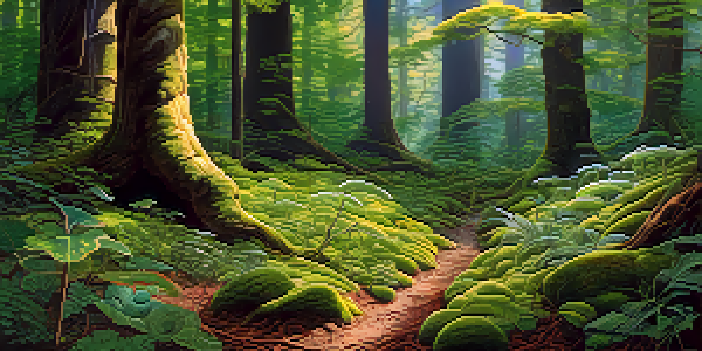 A forest floor filled with various plants and visible mycorrhizal fungi connecting their roots, illuminated by soft sunlight.
