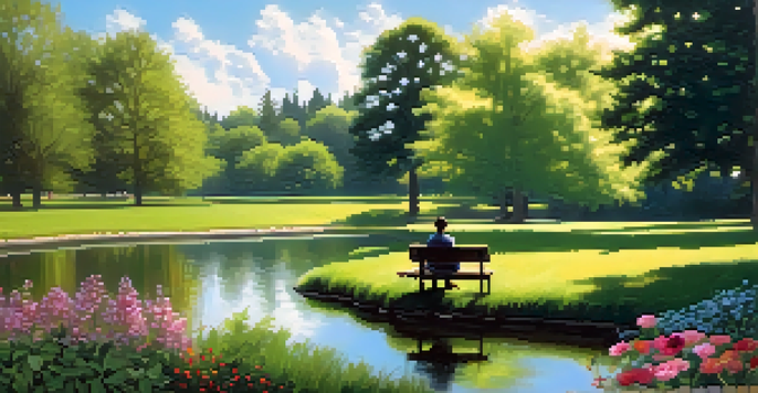 A peaceful park with green trees, blooming flowers, a calm pond, and a person reading on a bench.