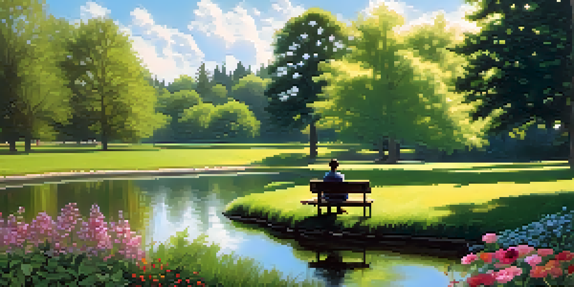 A peaceful park with green trees, blooming flowers, a calm pond, and a person reading on a bench.