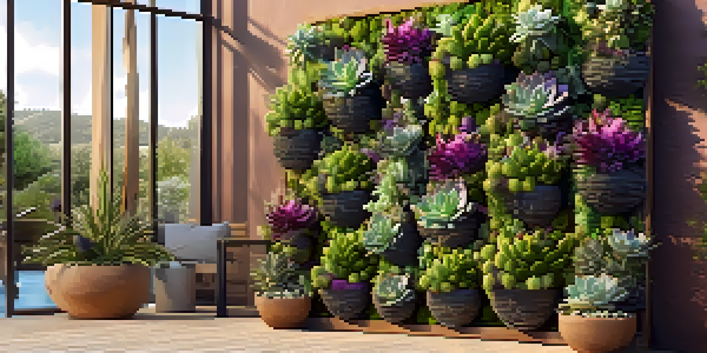 A vertical garden showcasing various succulents growing on a trellis, set against a sunny patio.