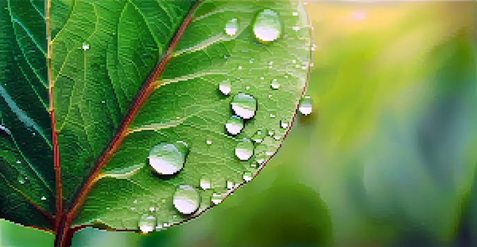 A close-up of a green leaf with dew droplets in soft morning light, with a blurred background emphasizing its texture.