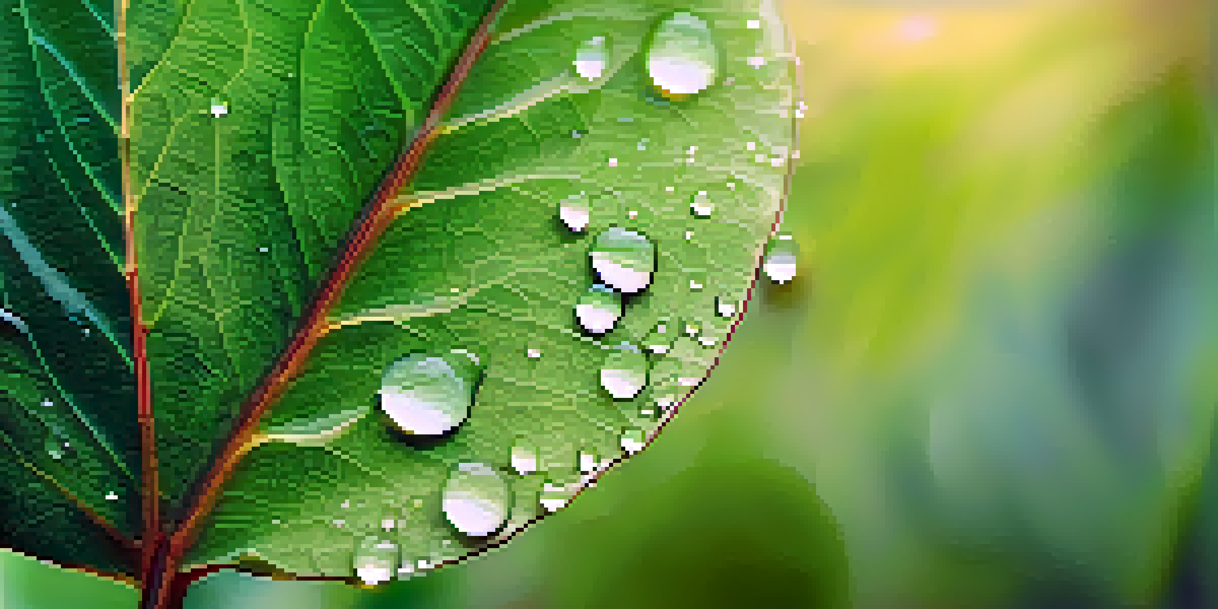 A close-up of a green leaf with dew droplets in soft morning light, with a blurred background emphasizing its texture.
