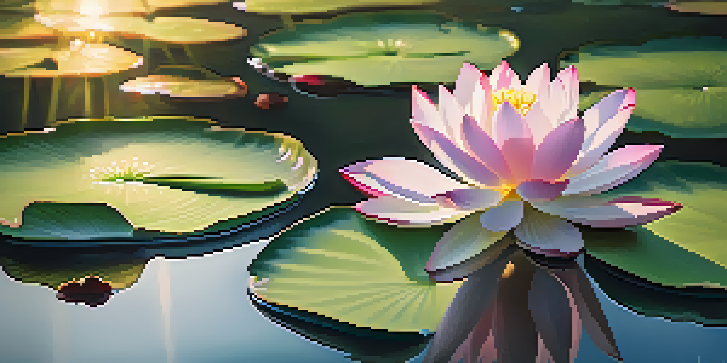 A tranquil pond at dawn with a blooming lotus flower illuminated by soft sunlight, surrounded by lily pads and reflecting the colors of the petals in the water.