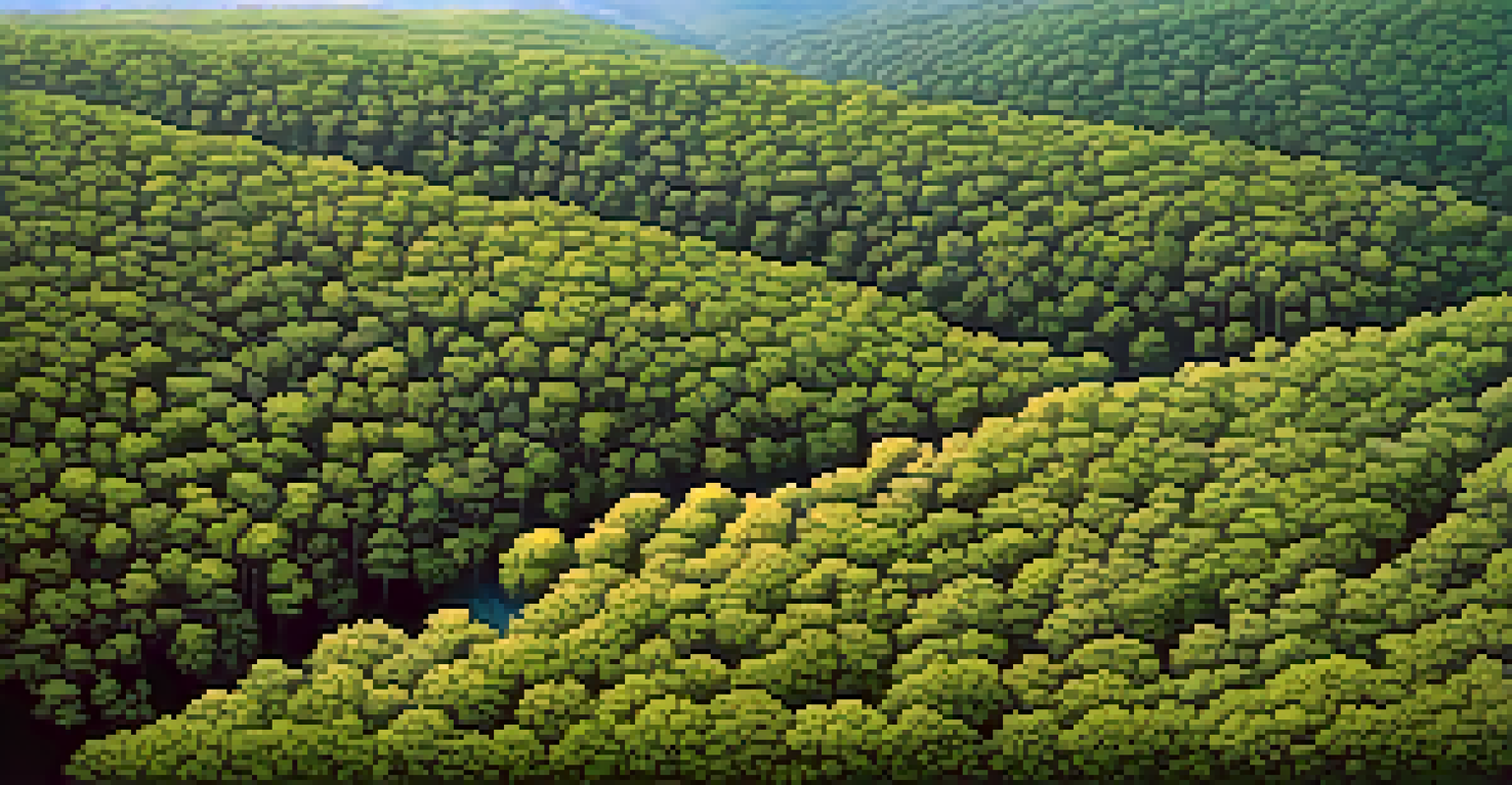 Aerial view of a forest showing native plants and areas covered by invasive kudzu vines, with a clear blue sky above.