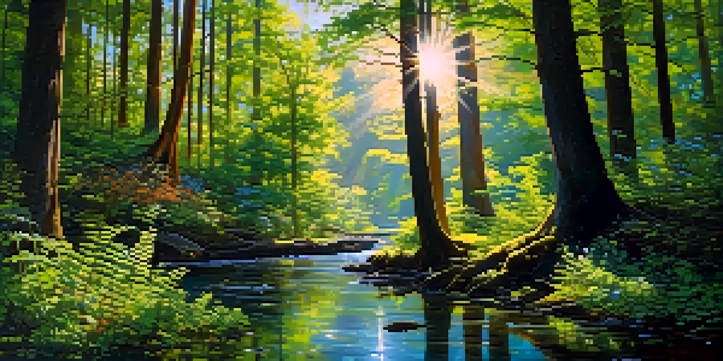 A peaceful forest filled with tall green trees, sunlight filtering through the leaves, and a small stream flowing in the foreground.