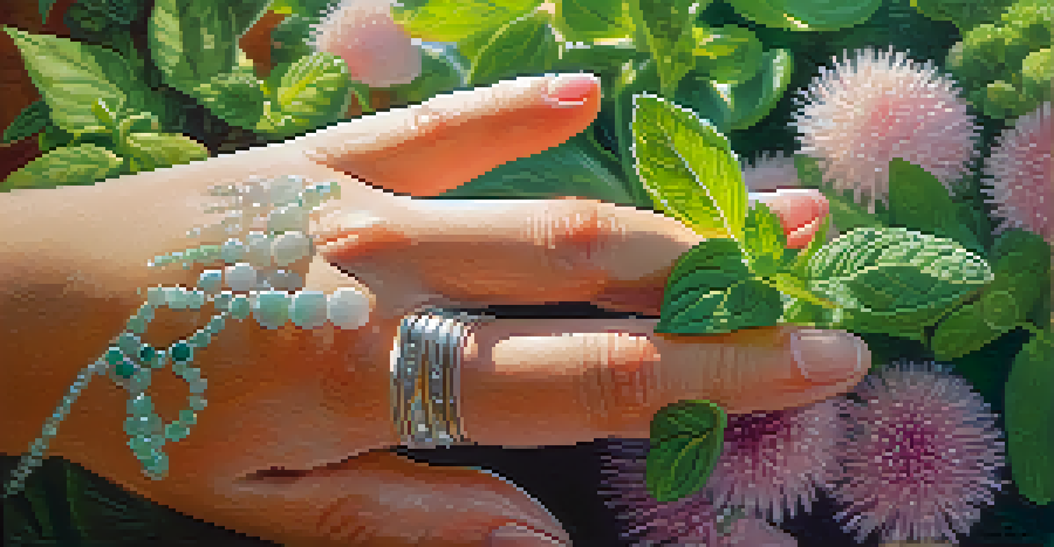 A close-up of a hand brushing against mint leaves in a colorful herb garden, showcasing vibrant flowers and herbs in the background.