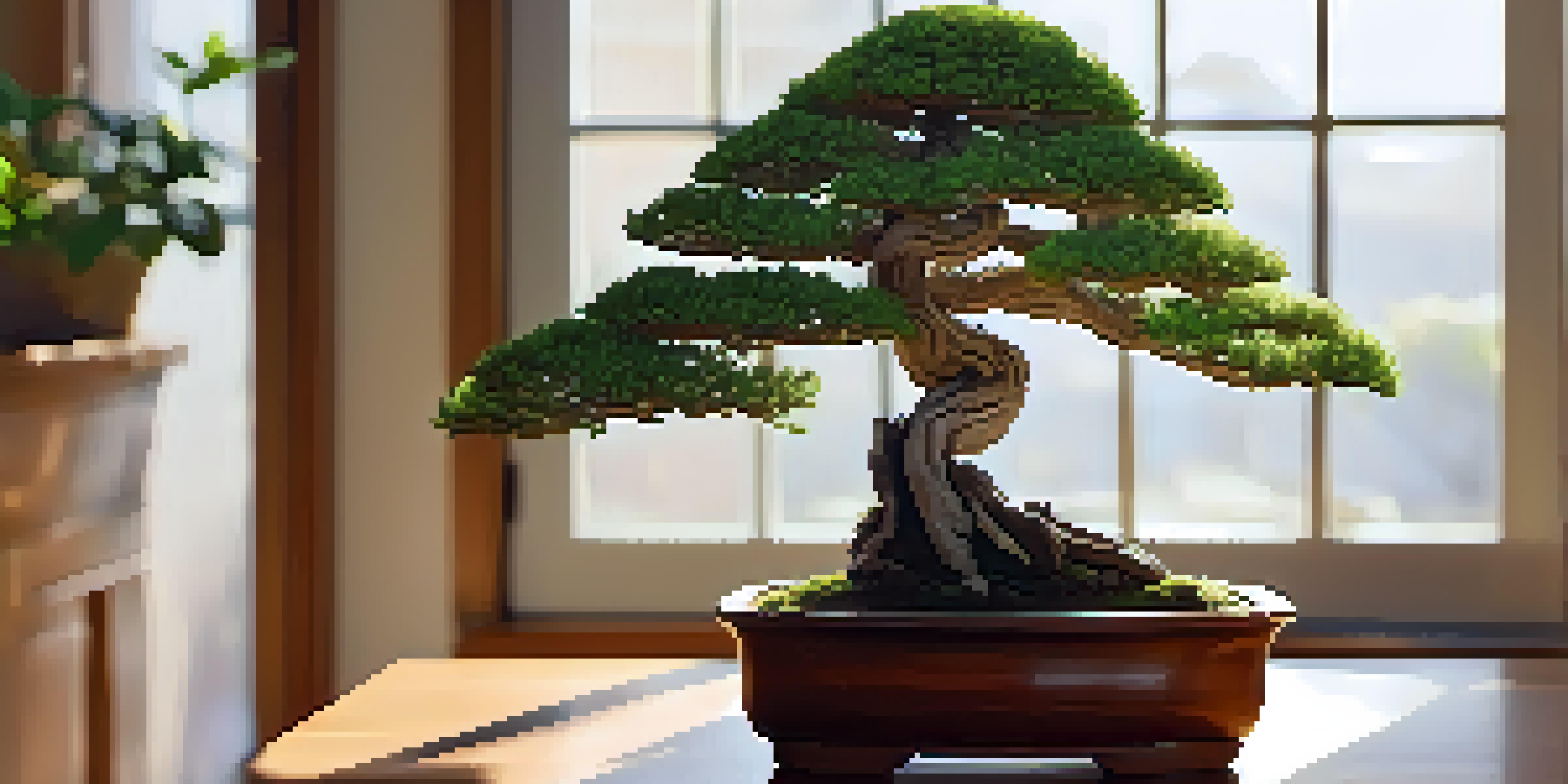 A healthy bonsai tree on a wooden table illuminated by soft natural light, with a cozy room in the background.