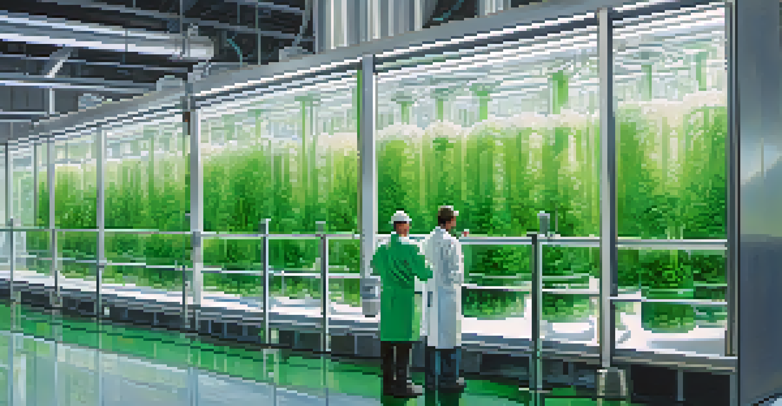 A modern industrial facility with algae bioreactors and workers in lab coats, highlighting sustainable practices.