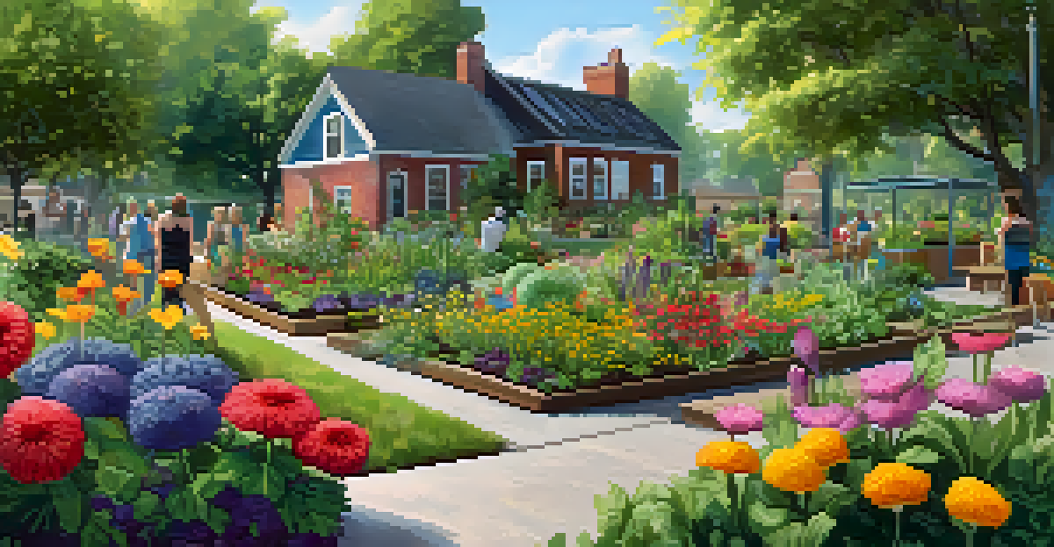 A community garden filled with flowers and vegetables, with residents gardening and butterflies flying around, creating a serene atmosphere.