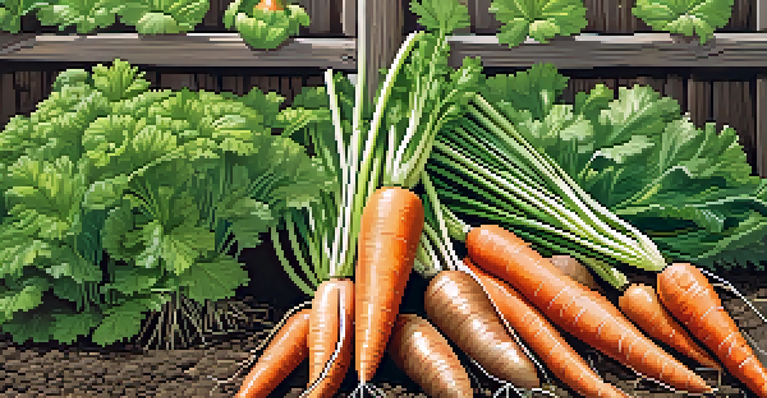 Close-up of a vegetable garden bed with rows of green onions and carrots, set against a rustic wooden fence.