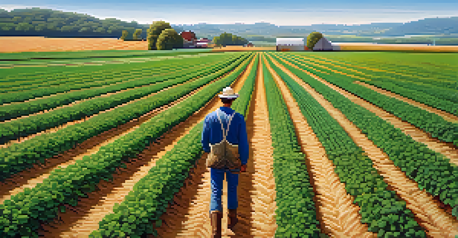 A farmer in a bright agricultural field inspecting crops, representing the use of beneficial fungi in farming.