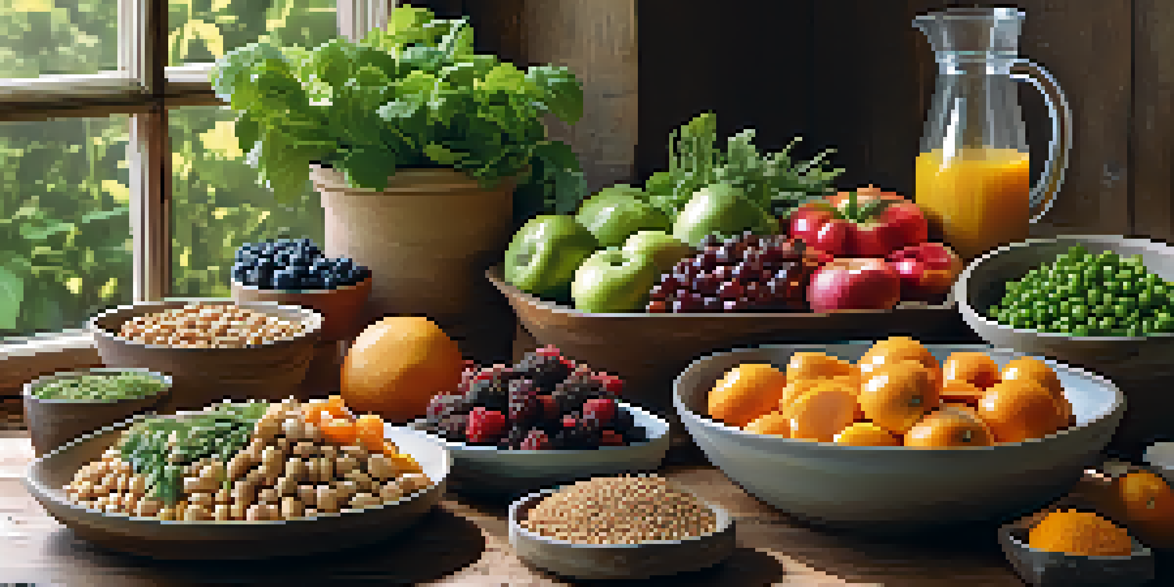 A colorful arrangement of fresh fruits, vegetables, whole grains, and legumes on a wooden table, illuminated by natural light.