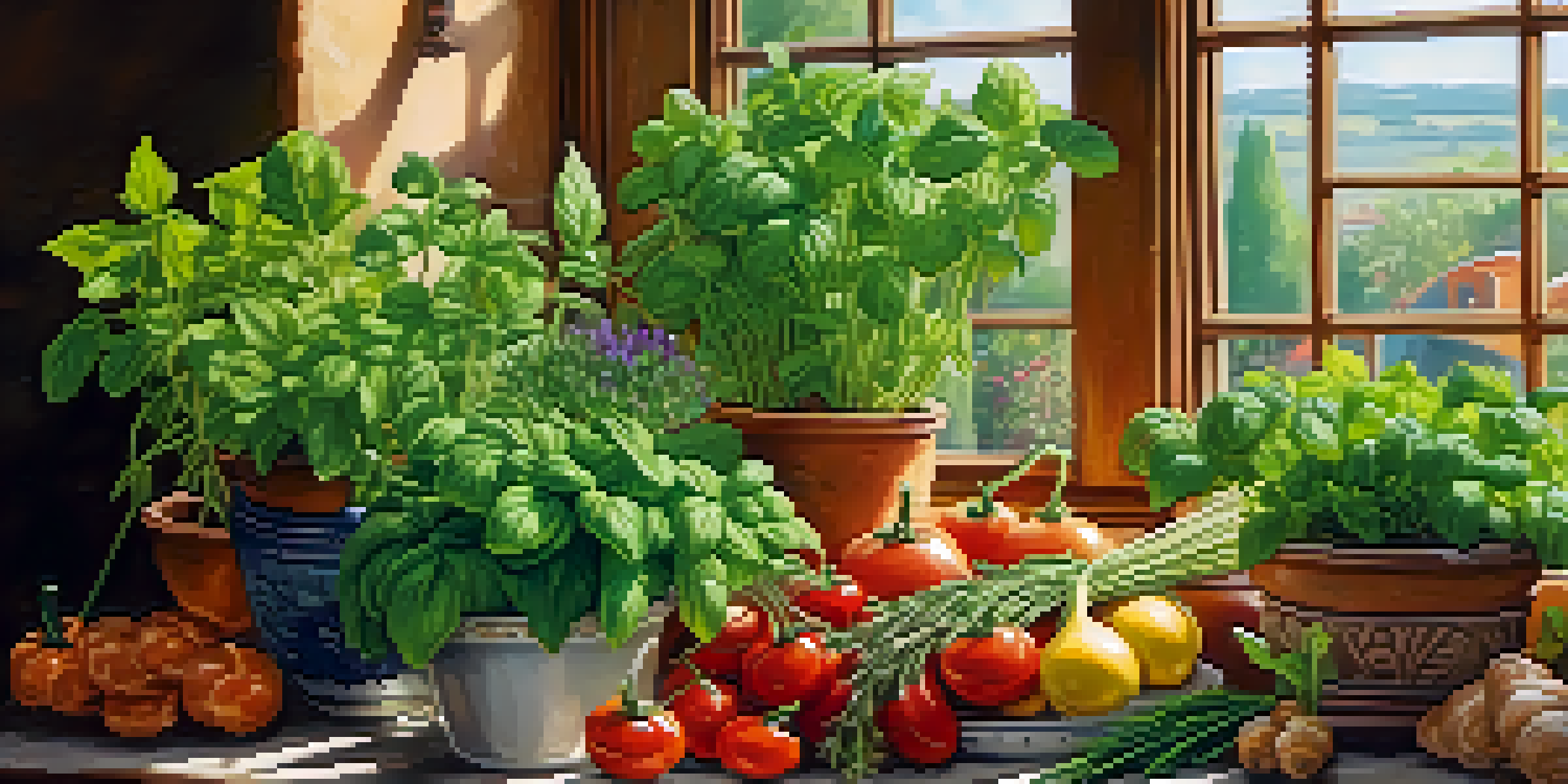 A bright kitchen with a wooden table displaying various fresh herbs in terracotta pots, illuminated by sunlight.