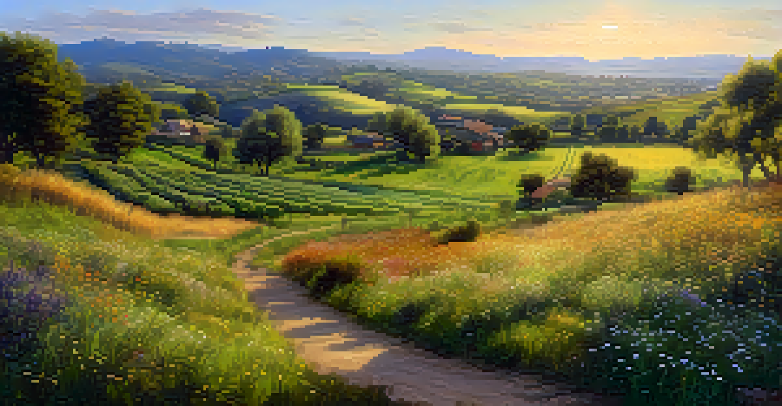 A serene semi-wild permaculture zone with fruit trees and chickens in a natural landscape.