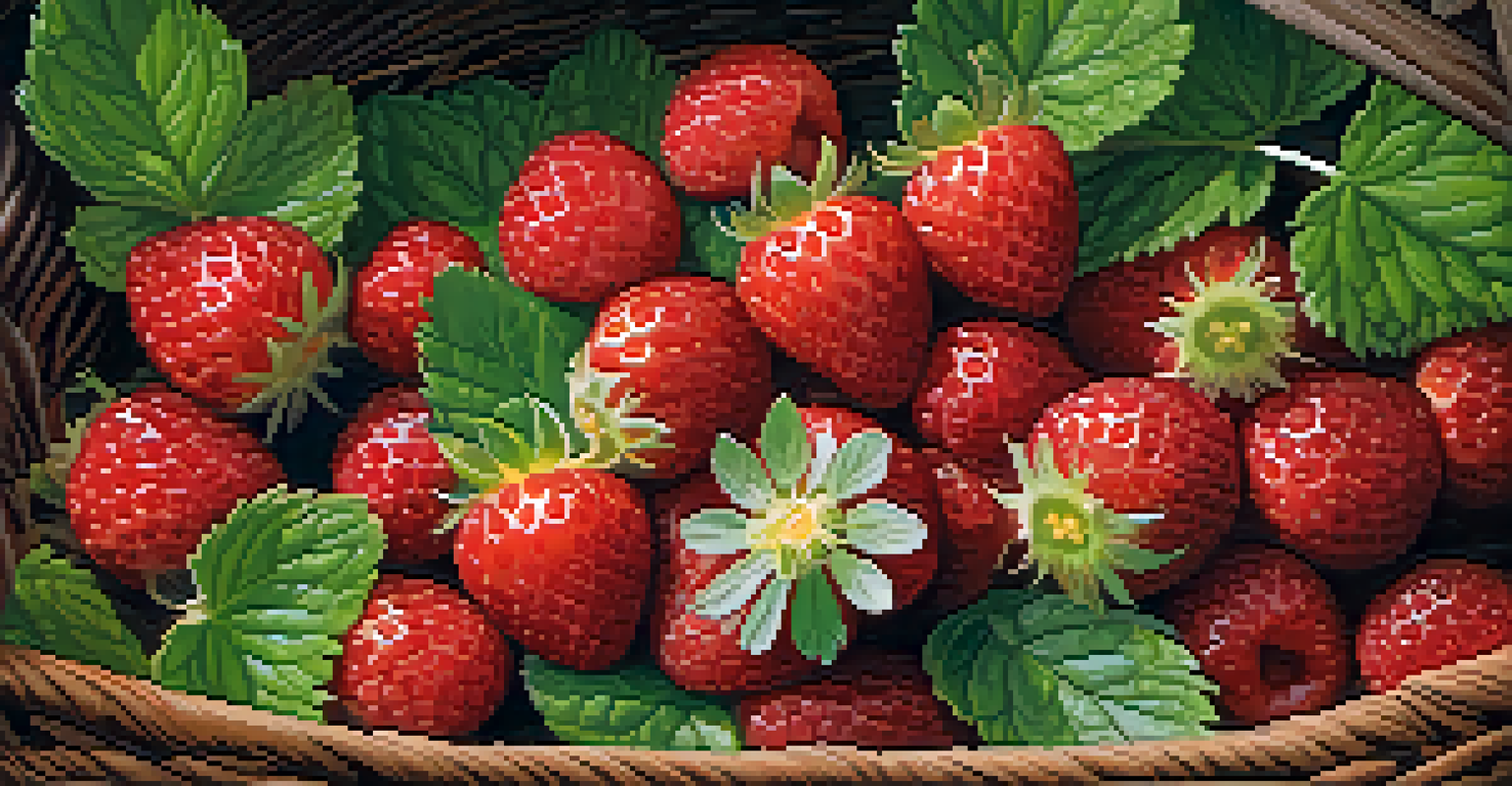 A close-up of a rustic basket filled with freshly harvested native edible plants, including wild strawberries and greens, with dew drops on the leaves.