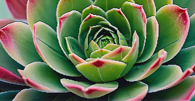 A close-up view of a colorful Echeveria succulent with a rosette shape, surrounded by softly blurred greenery.
