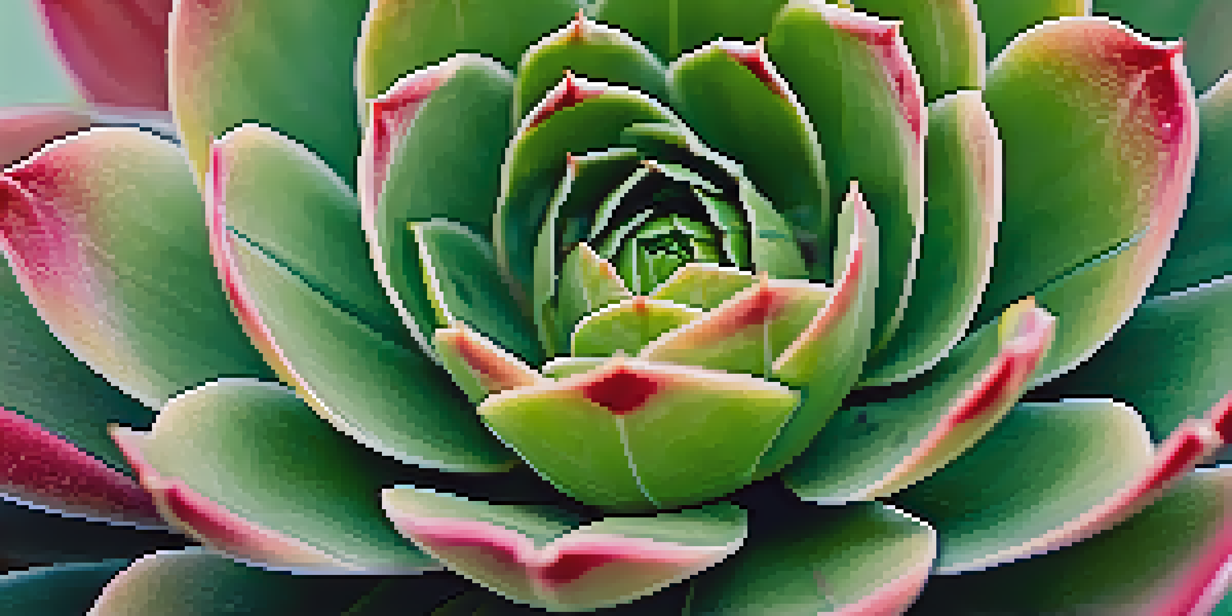 A close-up view of a colorful Echeveria succulent with a rosette shape, surrounded by softly blurred greenery.