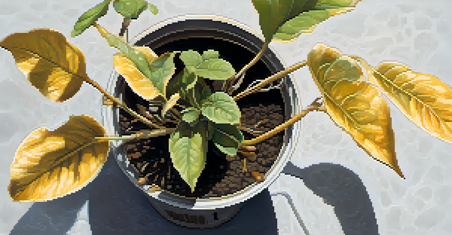 Overhead view of a potted plant showing wilted yellow leaves and dark, mushy roots in waterlogged soil, with a dim lighting effect.