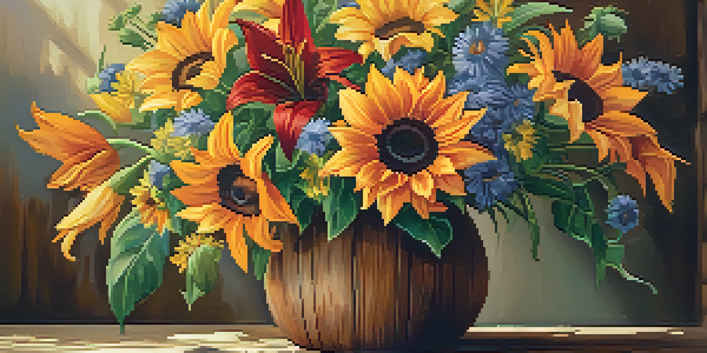 A colorful bouquet of sunflowers and orange lilies in a wooden vase, illuminated by warm lighting.