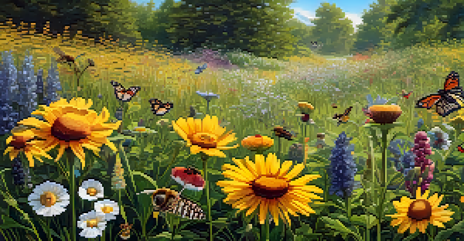 A bright meadow with diverse flowering plants and pollinators like bees and butterflies, showcasing the beauty of plant-pollinator interactions.