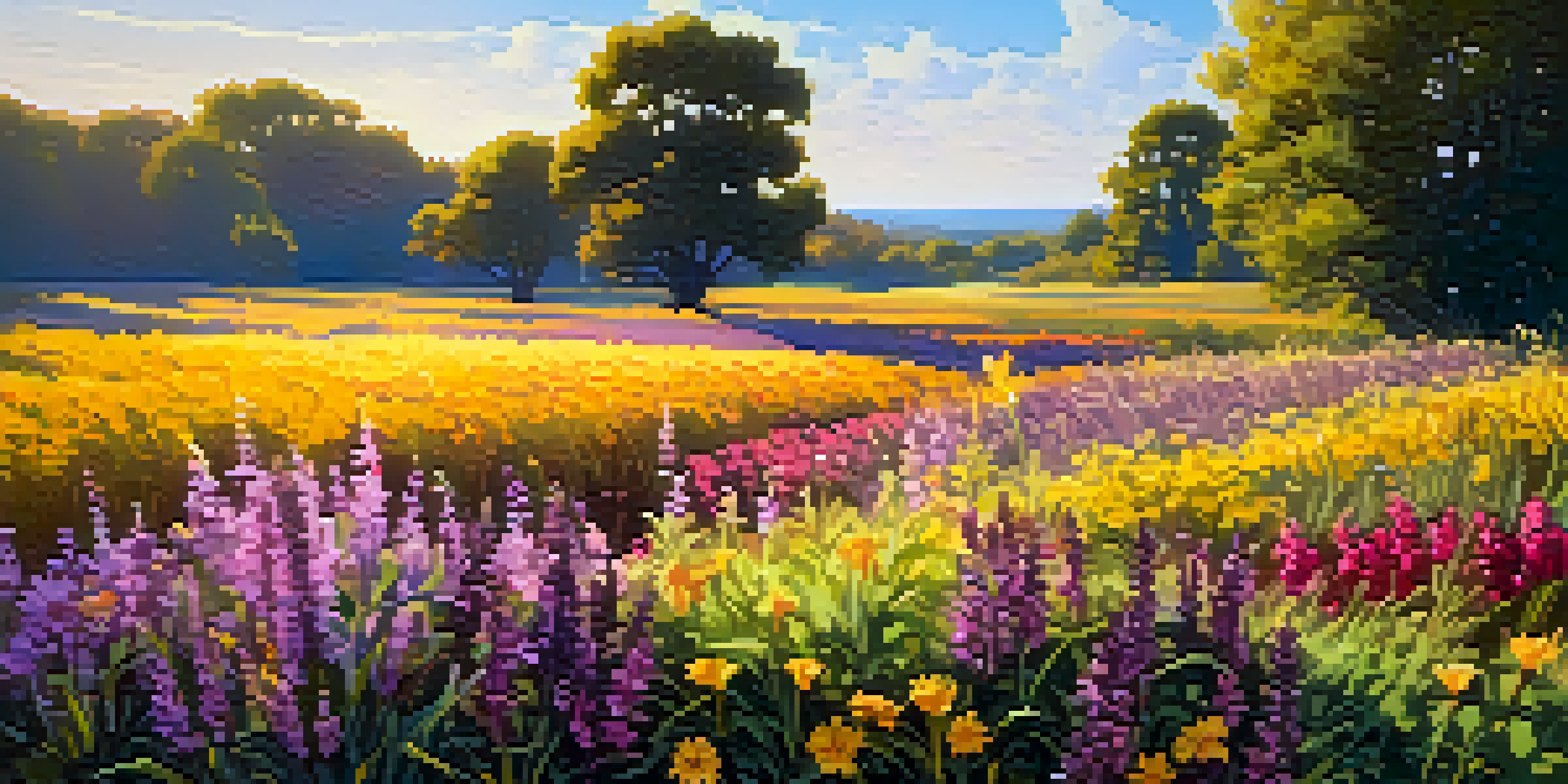 A colorful field filled with blooming perennial plants under a clear blue sky, illuminated by warm sunlight.