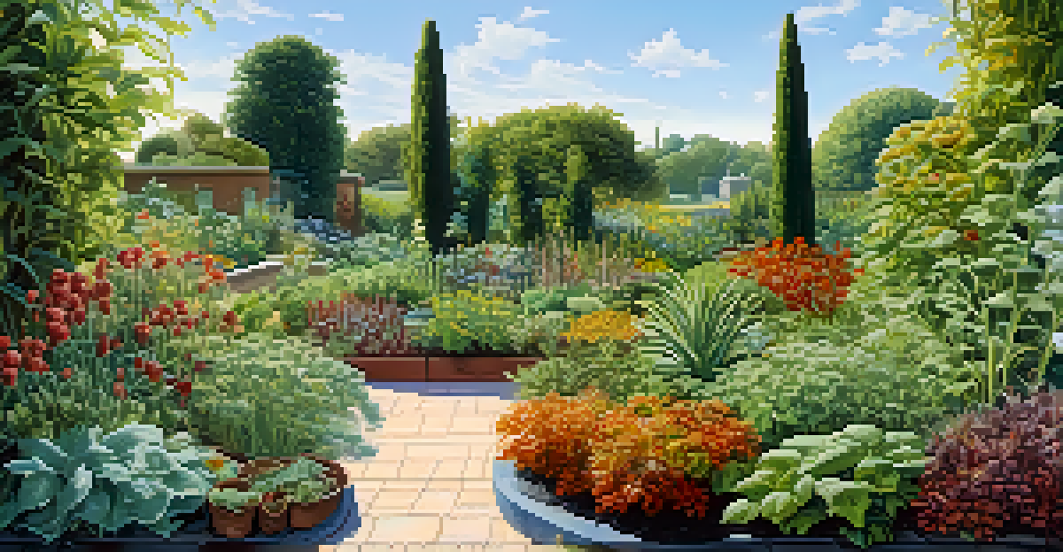 A sunny garden with various plants, some showing signs of powdery mildew, with healthy plants in the foreground.