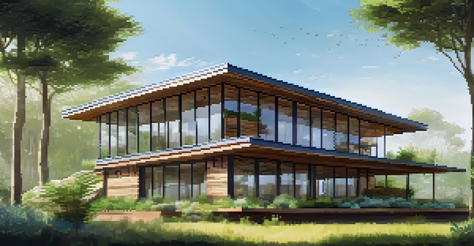 A contemporary building made of reclaimed wood surrounded by greenery and featuring a green roof, under a clear blue sky.