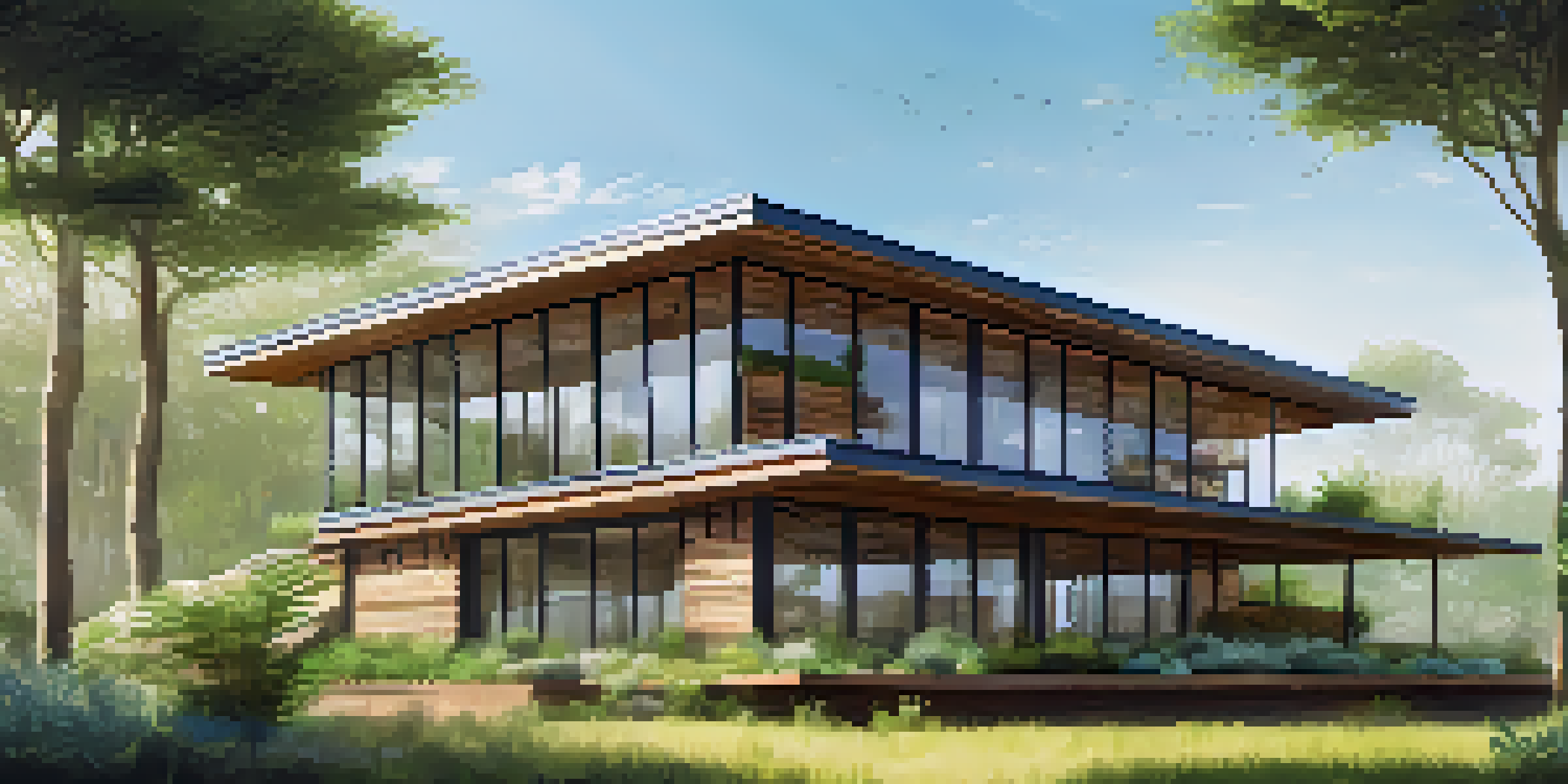 A contemporary building made of reclaimed wood surrounded by greenery and featuring a green roof, under a clear blue sky.