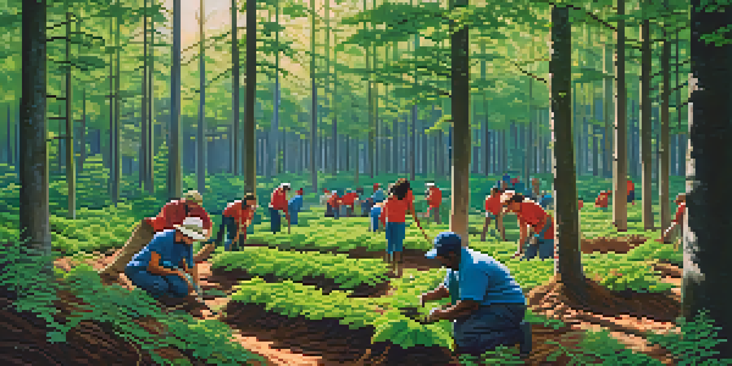 A diverse group of volunteers planting young trees in a lush forest, with sunlight filtering through the foliage.