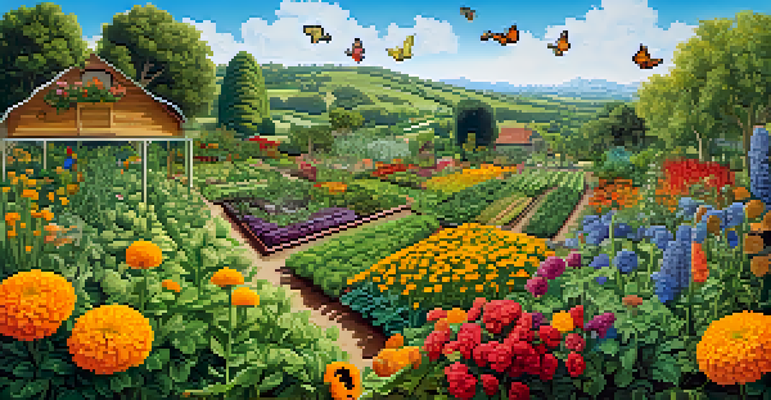 A close-up of a vegetable garden with marigolds and vegetables growing together, attracting pollinators in a sunny environment.