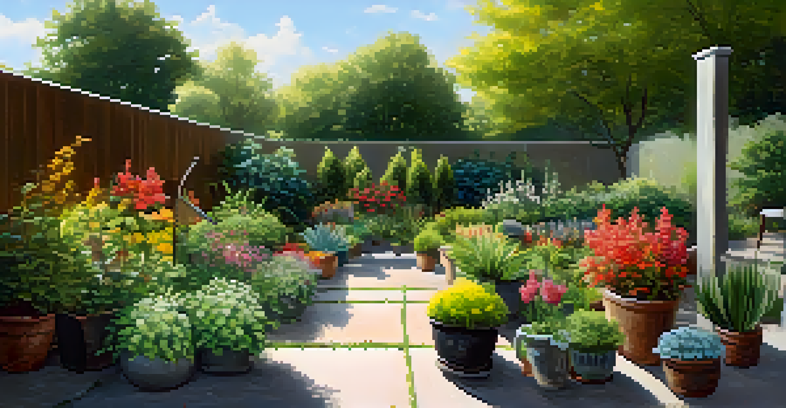 A sunny garden filled with clusters of newly divided plants, garden markers, and a watering can, creating an inviting atmosphere.