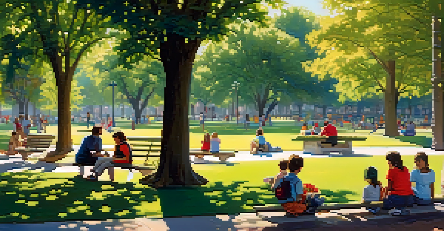 A peaceful park filled with diverse trees and colorful flowers, with people enjoying the natural shade and children playing on the grass.