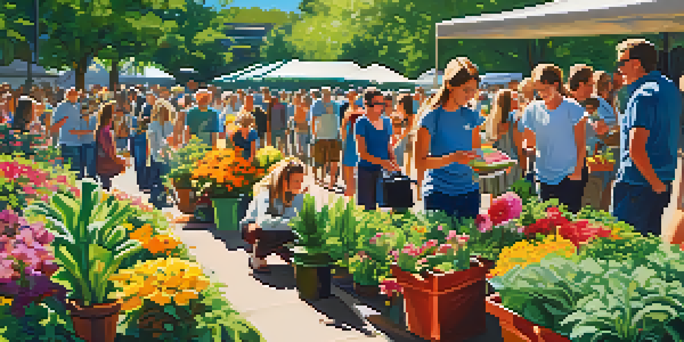 A lively plant festival with attendees participating in workshops among colorful flowers and greenery, illuminated by sunlight.