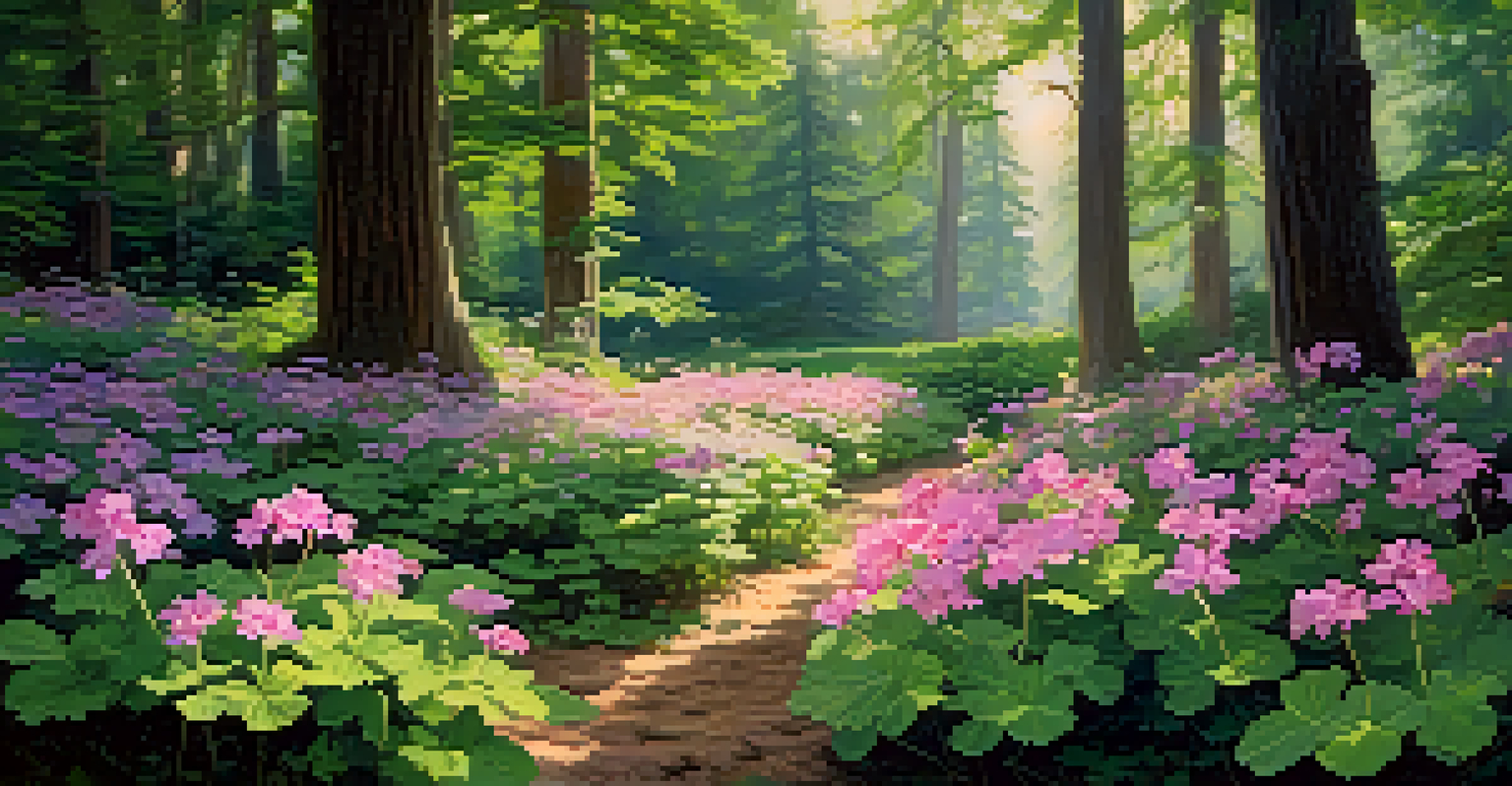 A peaceful woodland garden filled with Wild Geraniums in bloom, surrounded by tall trees and soft sunlight.