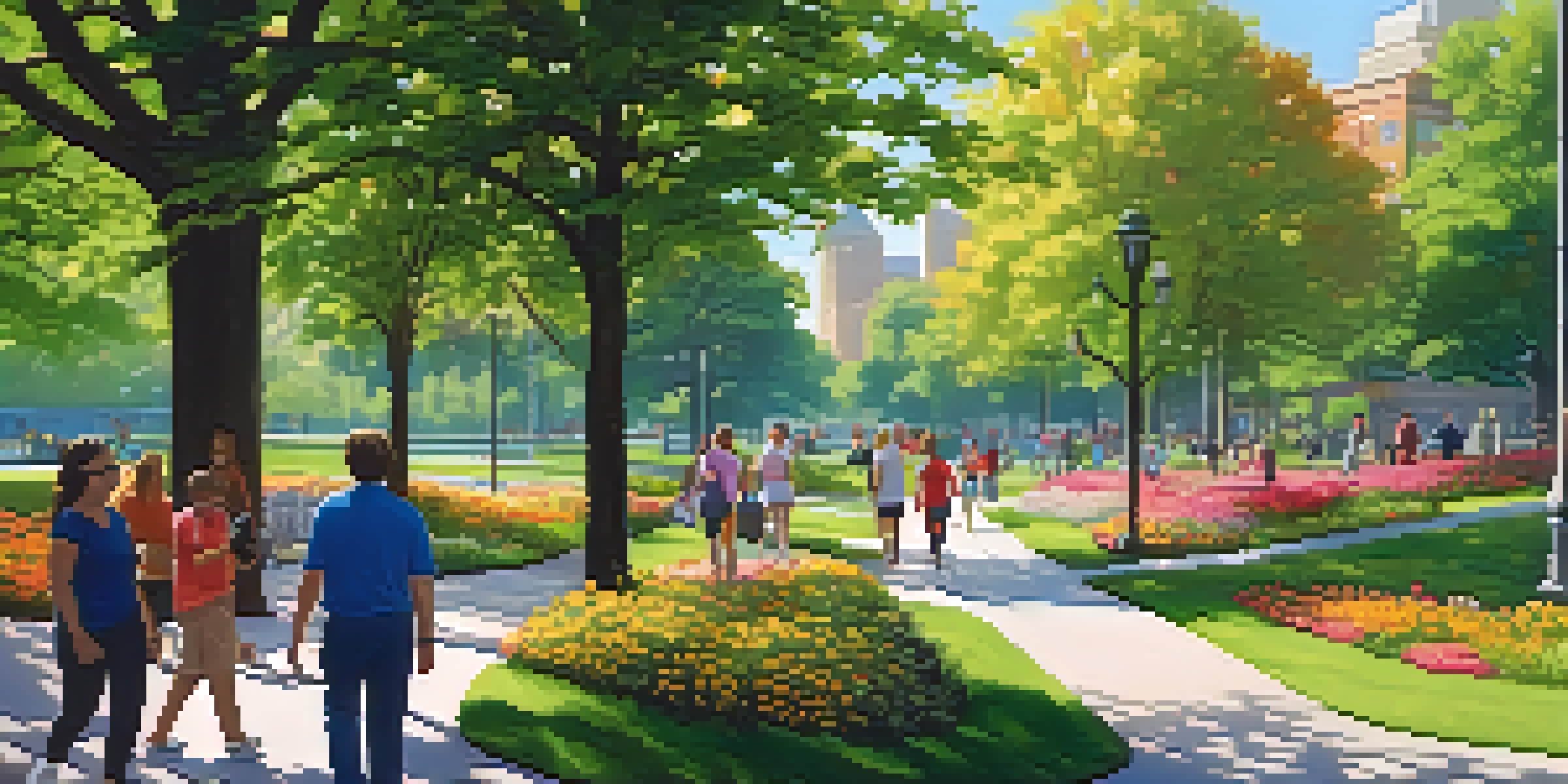 A lively urban park filled with trees and flowers, with people enjoying the space and a city skyline in the background.
