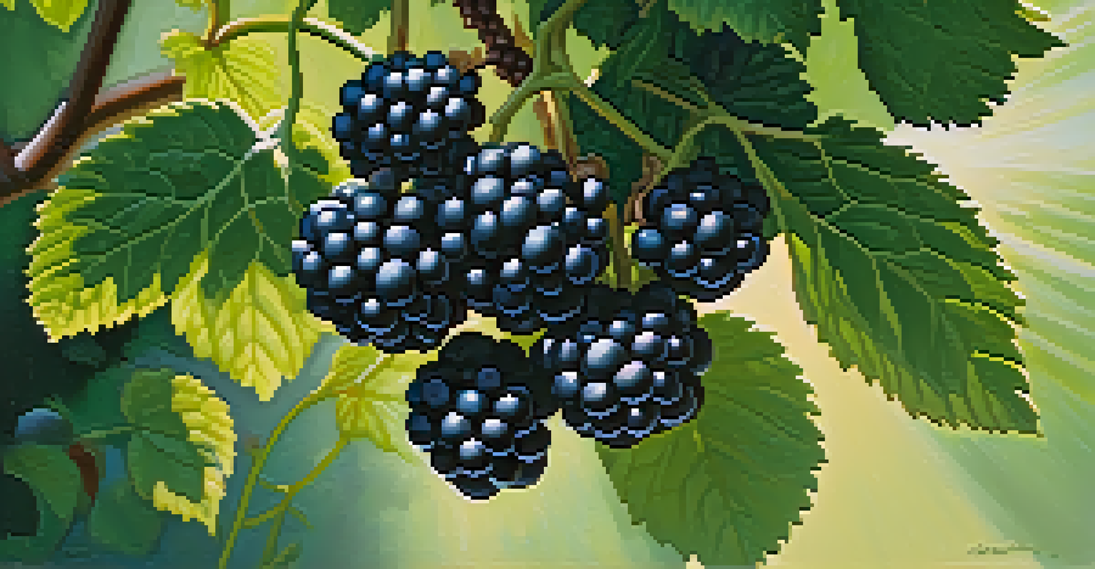 A cluster of ripe blackberries on a vine, illuminated by sunlight filtering through leaves.