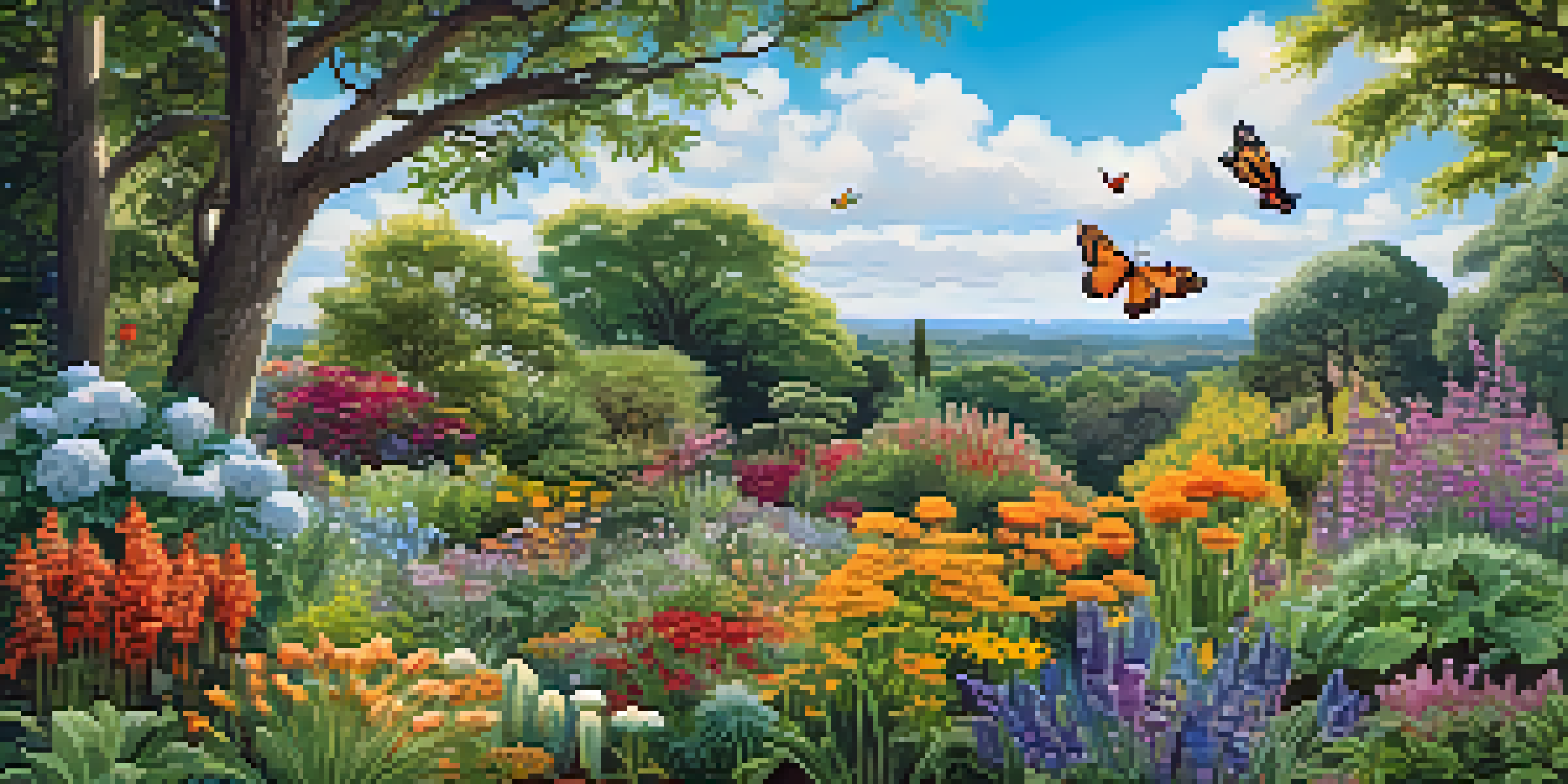 A colorful garden with various native plants, butterflies, and bees under a sunny sky.