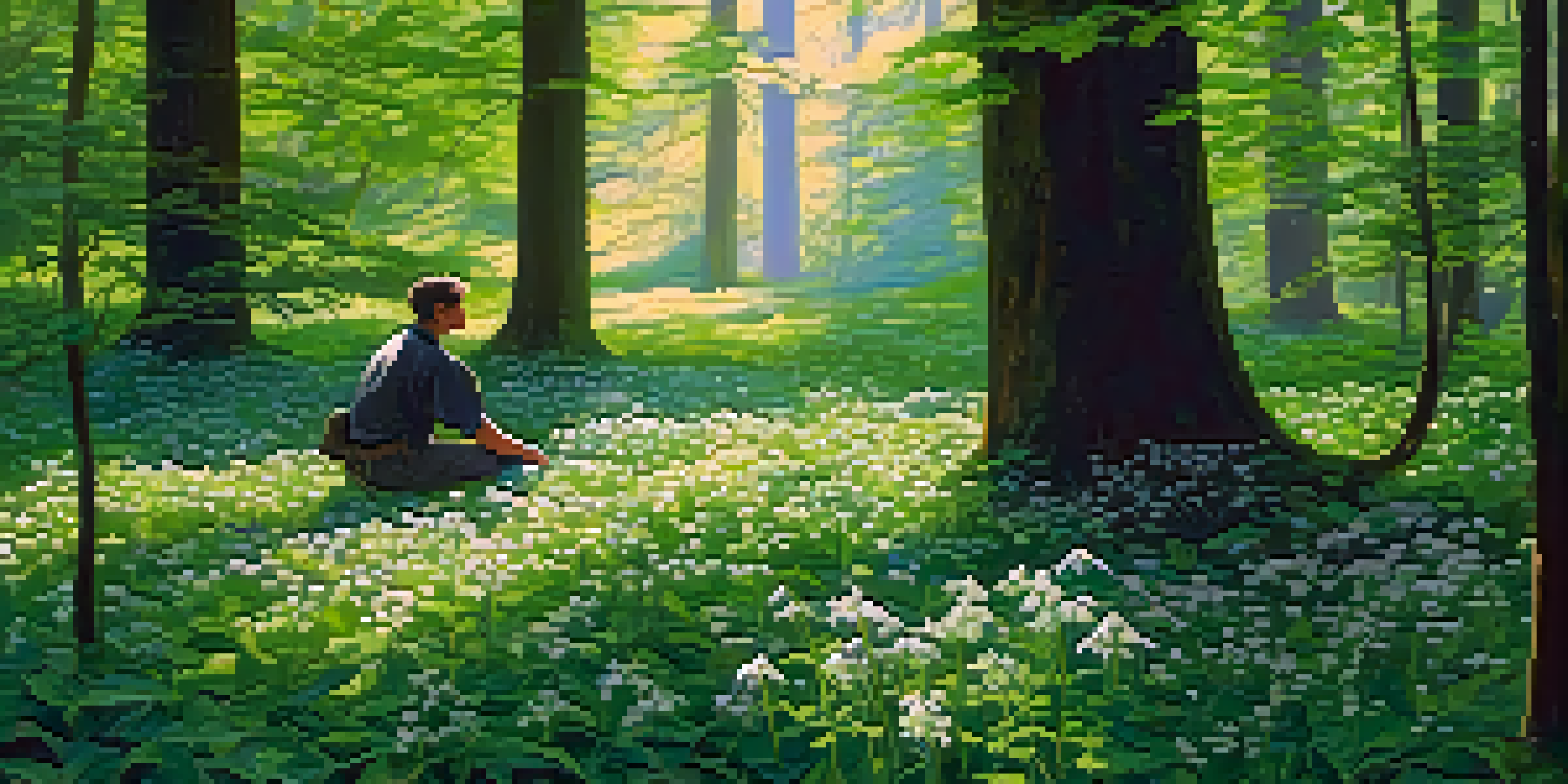 A person kneeling in a lush green forest, foraging for wild garlic, with sunlight streaming through the trees.