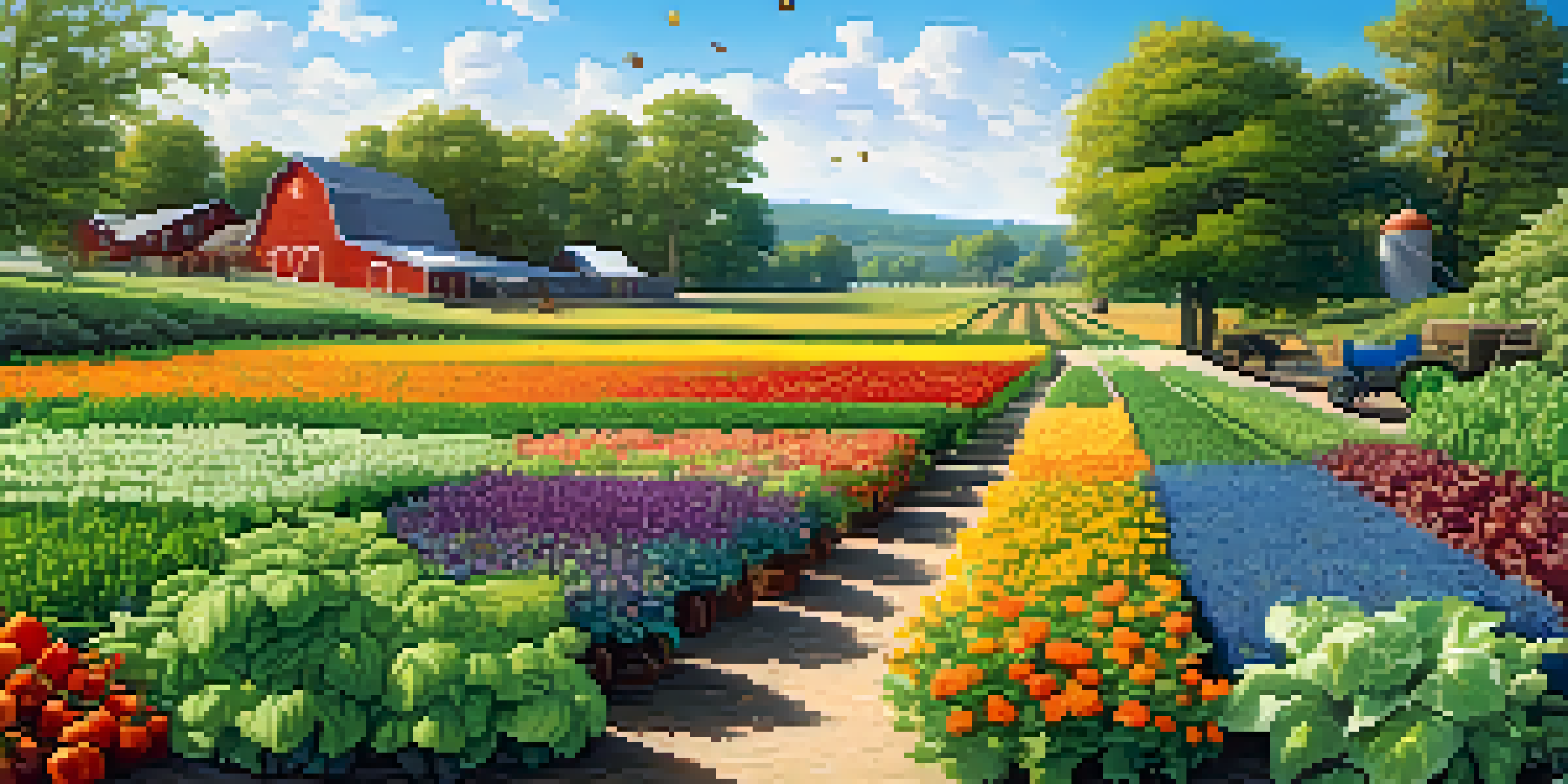 A sunny farm landscape filled with various crops, flowers, and trees, with bees and butterflies flying around.