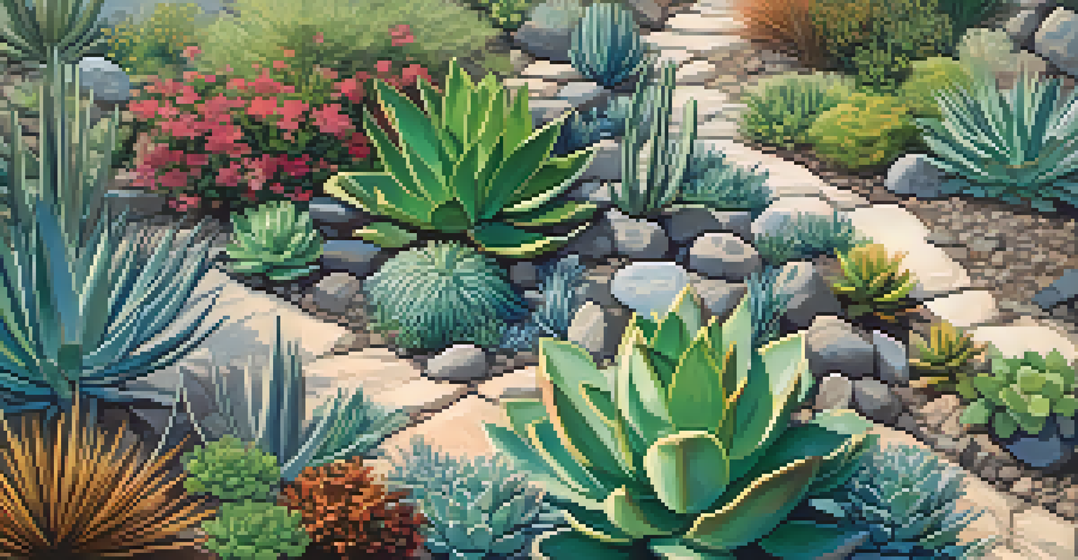 An aerial view of a drought-resistant landscape with native plants, succulents, decorative rocks, and mulch under a clear blue sky.