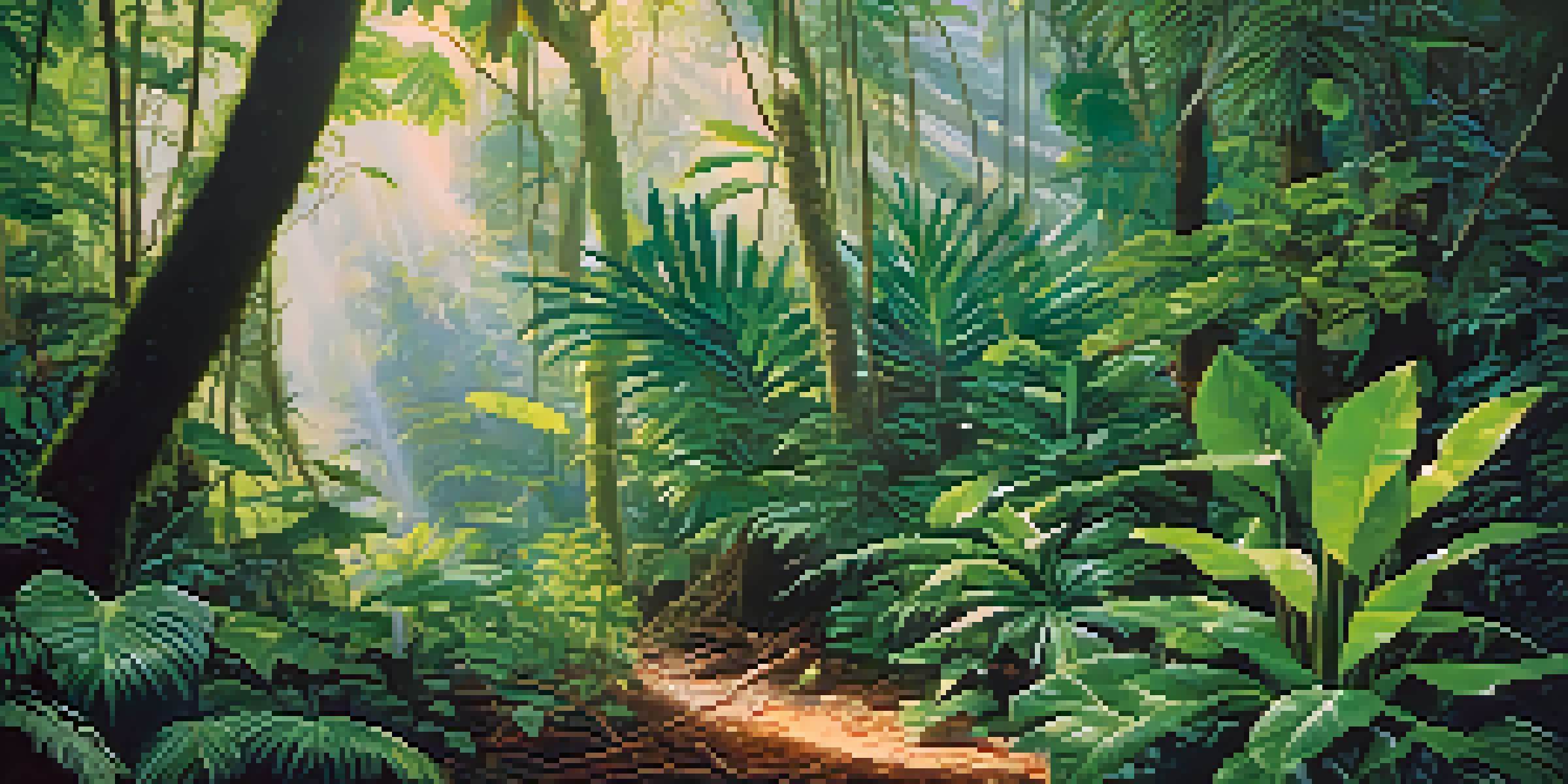 A colorful tropical rainforest with various plants, sunlight filtering through the canopy, and water droplets on leaves.