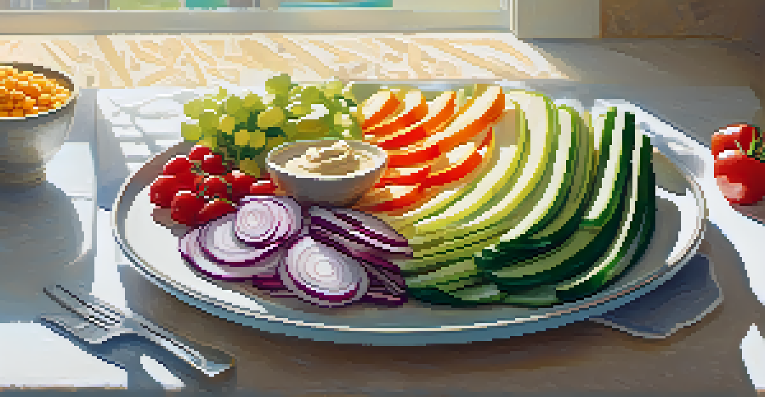 A plate of sliced vegetables and a bowl of hummus, presented in a bright setting with sunlight highlighting the freshness of the snacks.