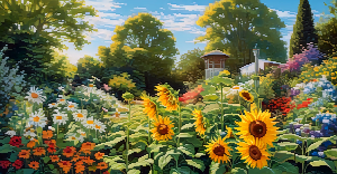 A colorful garden featuring a variety of perennial plants like sunflowers and daisies, with sunlight filtering through the foliage.
