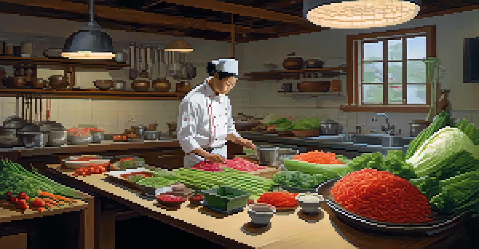A chef preparing kimchi in a warm kitchen filled with fresh vegetables and traditional cookware.