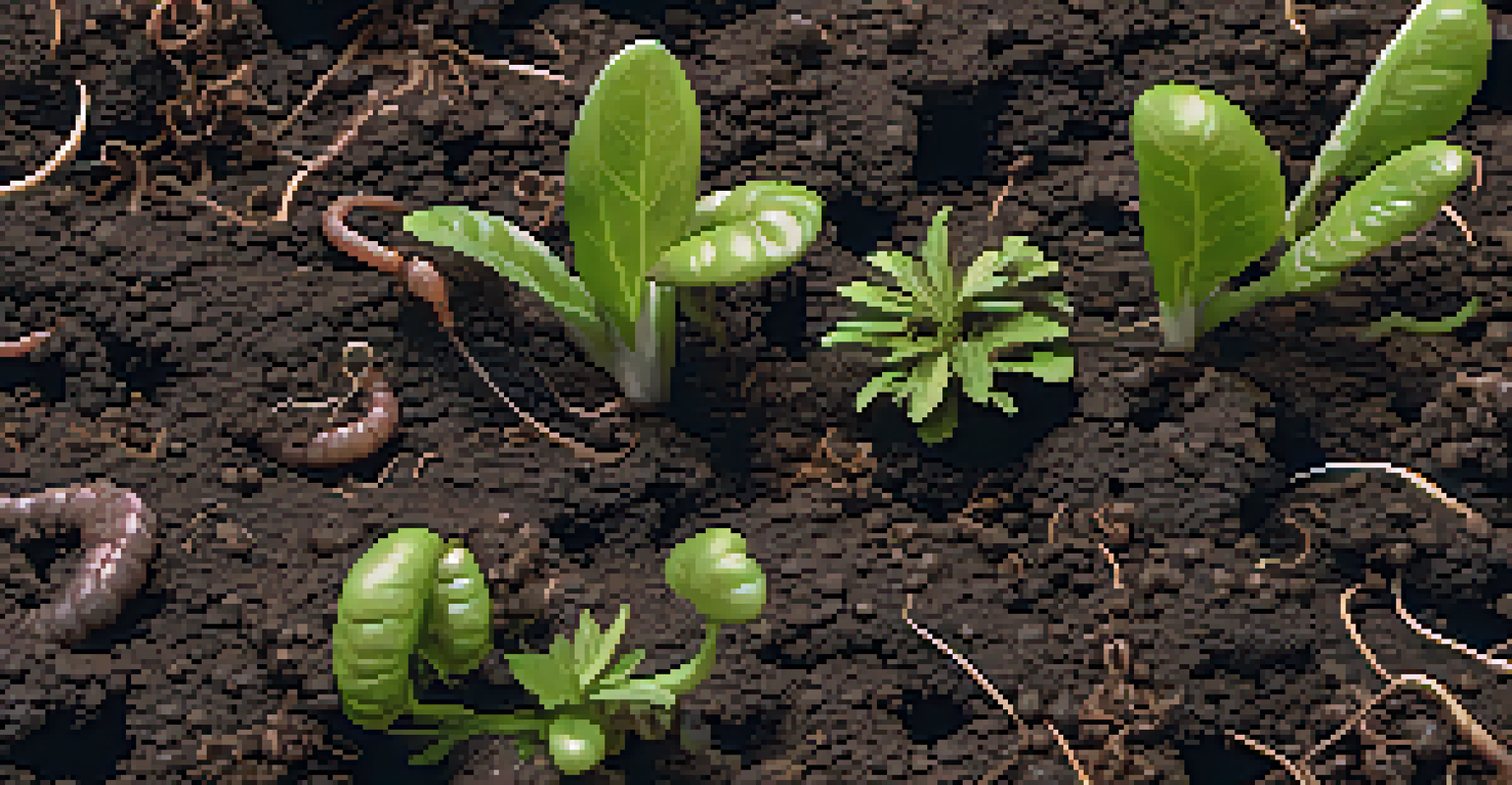 A close-up of rich, dark soil with visible plant roots and earthworms, illustrating the healthy ecosystem fostered by decomposing cover crops.